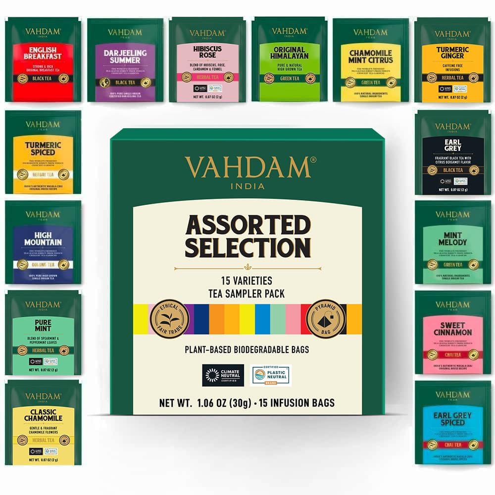 VAHDAM, Tea Variety Pack | 15 Flavours | Award Winning Tea Sampler | Black Tea, Green Tea, Oolong Tea, Chai Tea, Herbal Tea | Long Leaf Pyramid Tea Bags | Best Selling Tea Gift Set & Tea Gift Box