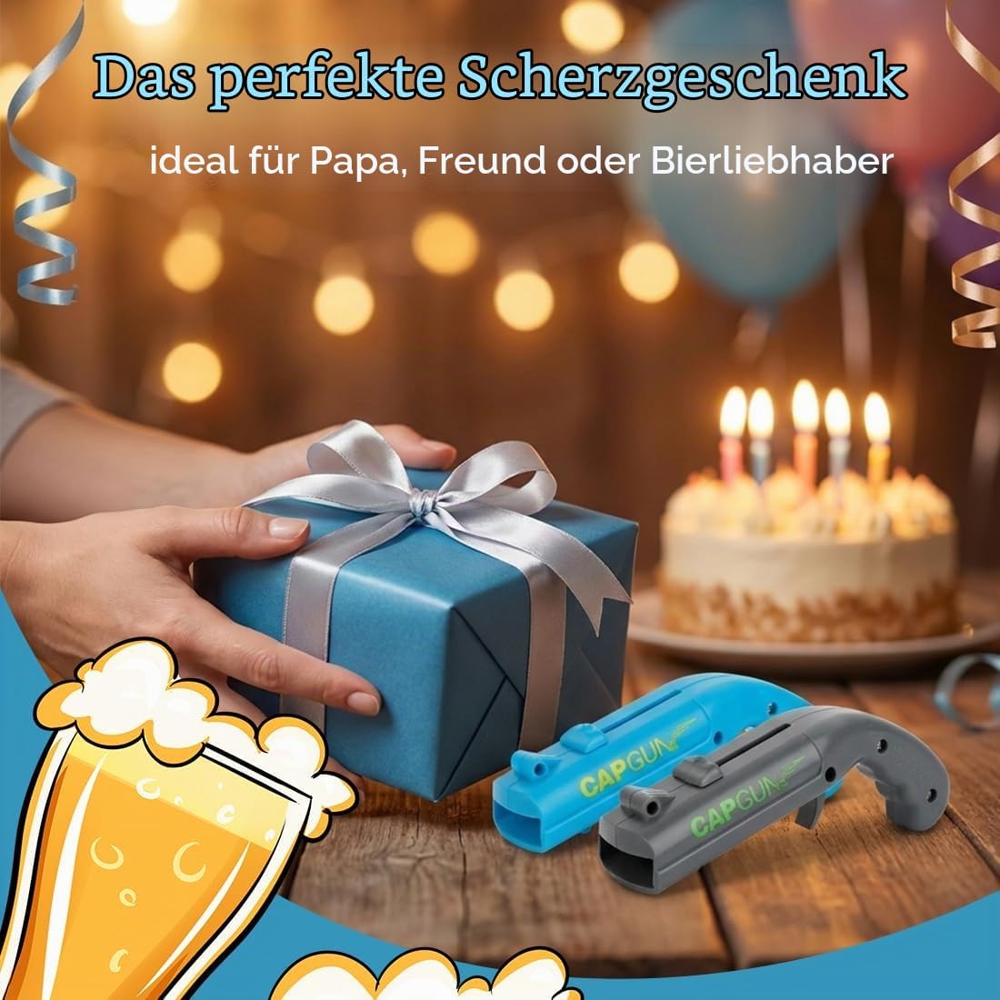 Bottle Opener Gun Pack of 2, Funny Shot Beer Opener with Cap Gun Function, Beer Gifts for Men - Ideal for Home, Bar, Party, Birthday & Christmas (Blue and Grey) – Bild 5