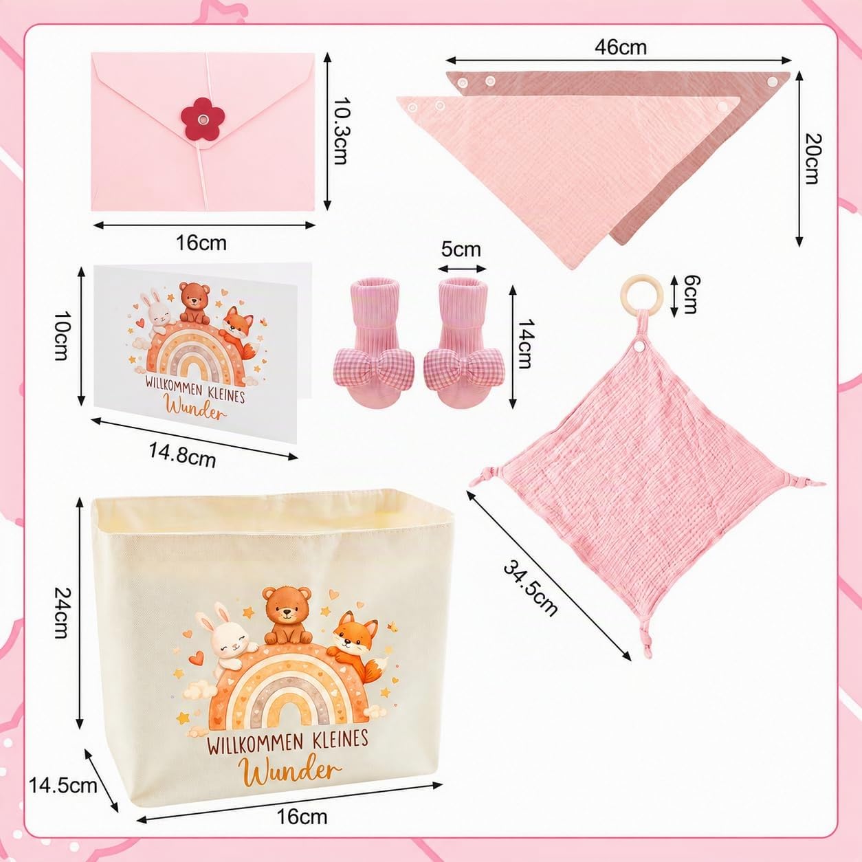 Baby Gift Set Girls Newborn Gift Box 7-Piece Nappy Bag Cuddly Cloth Teether Bib Socks Greeting Cards Envelope Gift for Birth Baby Shower Baby Set for Girls (Pink) – Bild 4
