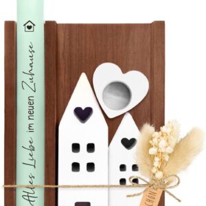 Housewarming Gift House Apartment, Wooden Box with Candle and Candle Holder, Dried Flowers and 2 Decorative Houses, Housewarming Gift