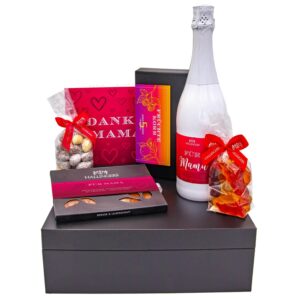 Hallingers Genuss Manufaktur Feinkost Mother’s Day Gift Set – XXL Gift Basket „Mother’s Day Pink“ Large Gift Chocolate Chocolates, Sparkling Wine, Tea, Nougat & Gummy Bears Gift Idea for Mum Grandma