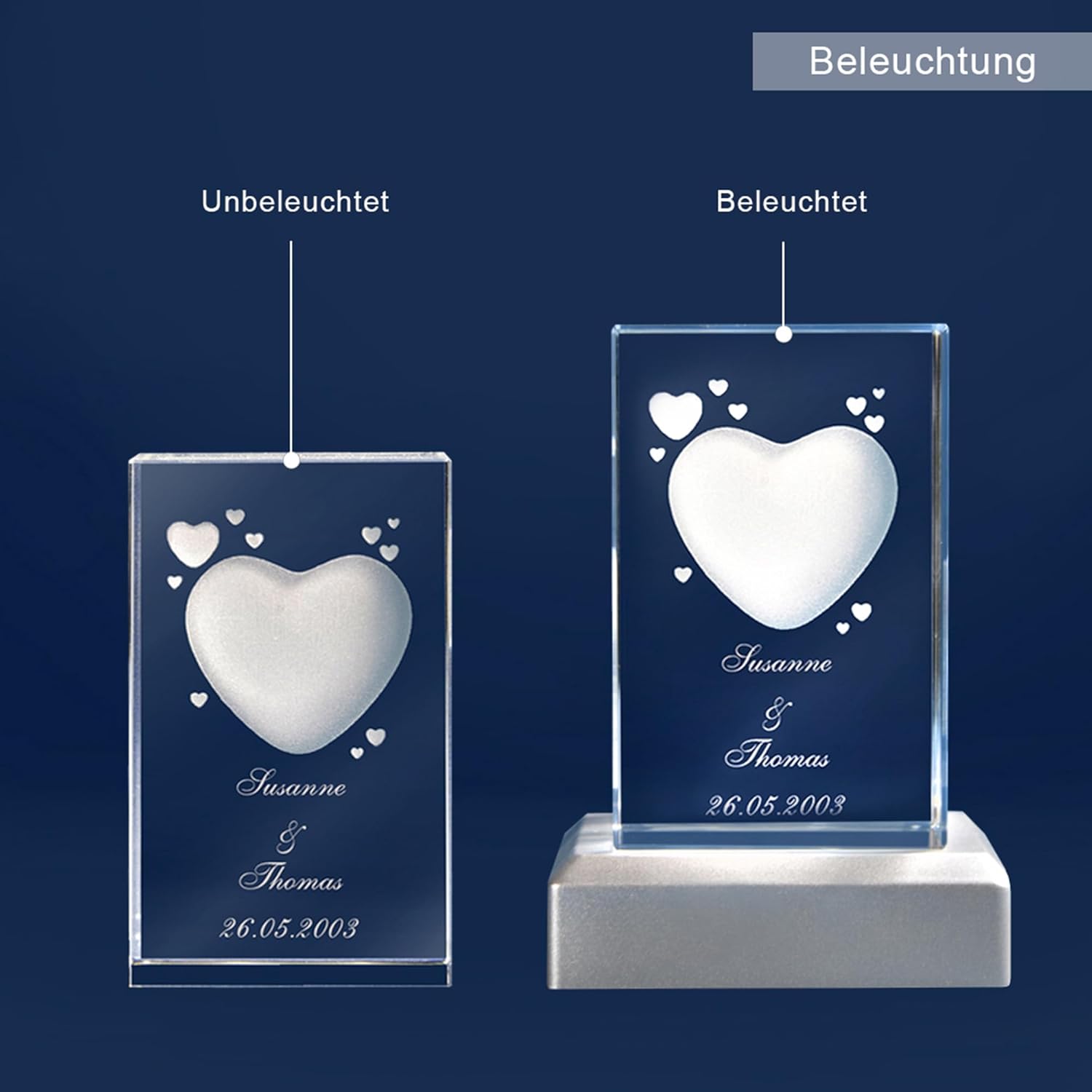 3D Glass with Heart Motif and Name of Choice Engraving and Date Love Gift (Without Light Base, S - 50 x 45 x 80 mm) – Bild 8