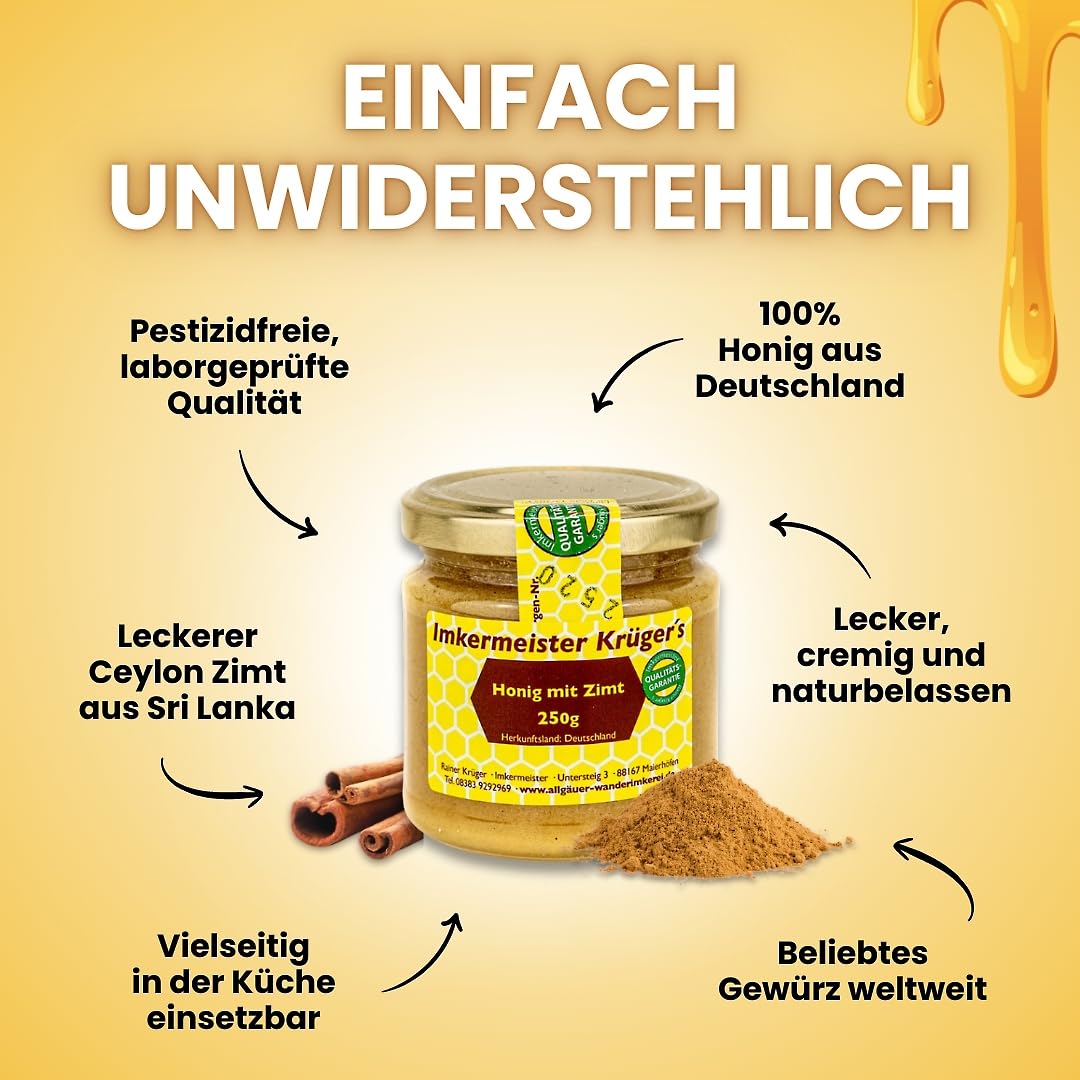 Allgäuer Wanderbeekeerei Krüger Honey with Cinnamon, 250 g, Real German Beekeeper Honey with Finest Ceylon Cinnamon, Regional Enjoyment, Finely Aromatic & Natural, Pesticide-free Production, Gift Idea – Bild 2