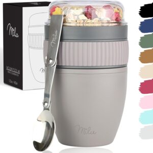 Milu Cereal Cup to Go, 400 ml, MüsliMax, Plastic Yoghurt Cup for Cereal, Leak-Proof Cup with Spoon for Yoghurt/Porridge (Taupe Grey)