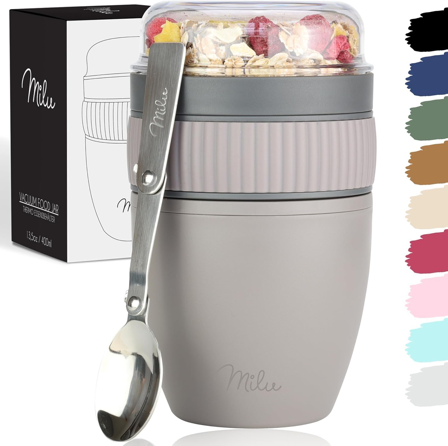 Milu Cereal Cup to Go, 400 ml, MüsliMax, Plastic Yoghurt Cup for Cereal, Leak-Proof Cup with Spoon for Yoghurt/Porridge (Taupe Grey)