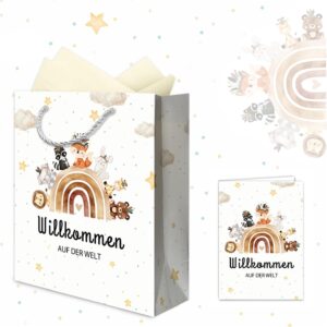 Birth Gift Bag - Baby Gift Wrapping with Greeting Card, Tissue Paper and Handle, Ideal for Boys & Girls with Cute Animal Design and Rainbow - Welcome to the World