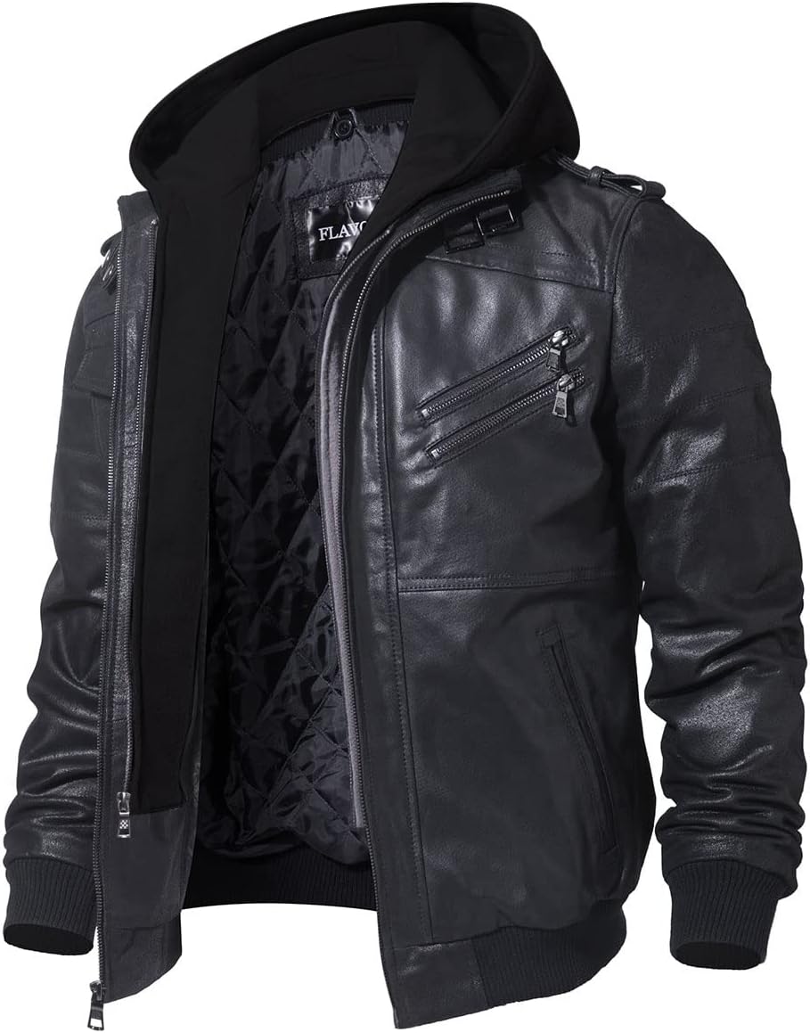 FLAVOR Genuine Leather Jacket, Men's Removable Hoodie