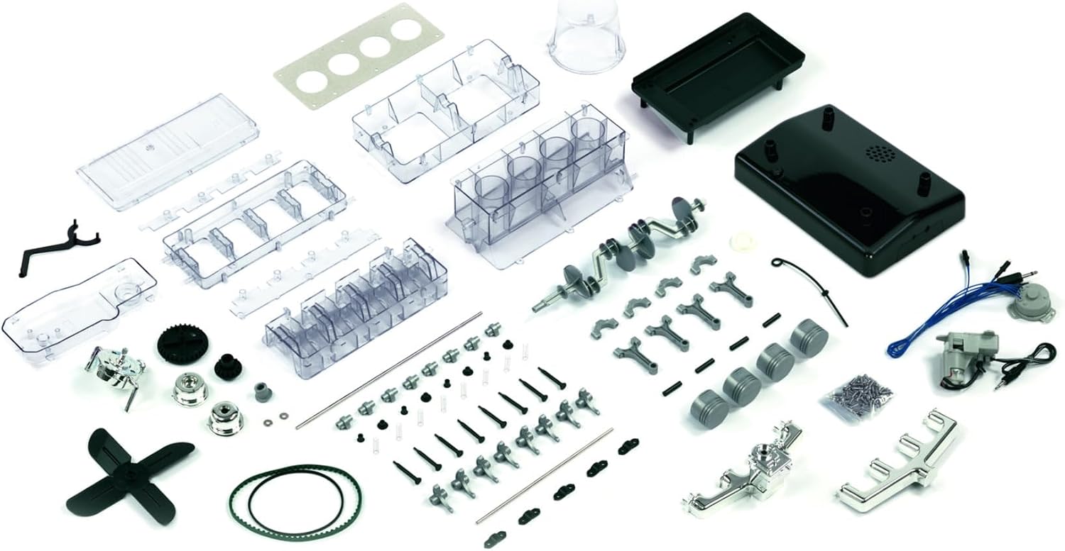 Franzis 67175 – The large technical kit 4-cylinder engine, high-quality model kit in scale 1:3, 100 components for plugging and screwing, including sound module, instructions and accompanying book – Bild 7