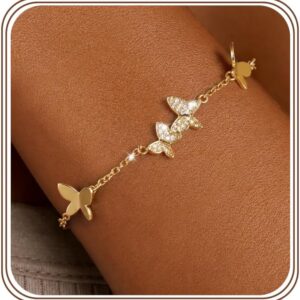 Milacolato Women's Gold Silver Bracelets, 14 Carat Gold-Plated Adjustable Bracelets with Cubic Zirconia, Four Clover Blue Opal Heart Bracelet, Gold, Waterproof, Jewellery, Gifts for Women, Girlfriend