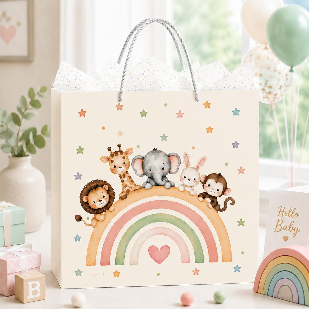 JOVYTH Set of 3 Gift for Birth Baby, Gift Bags Birth for Girls and Boys, Baby Gift Packaging with Handle, Baby Shower Gift, Rainbow Animal Gift Bag, Newborn Gift Bag – Bild 3
