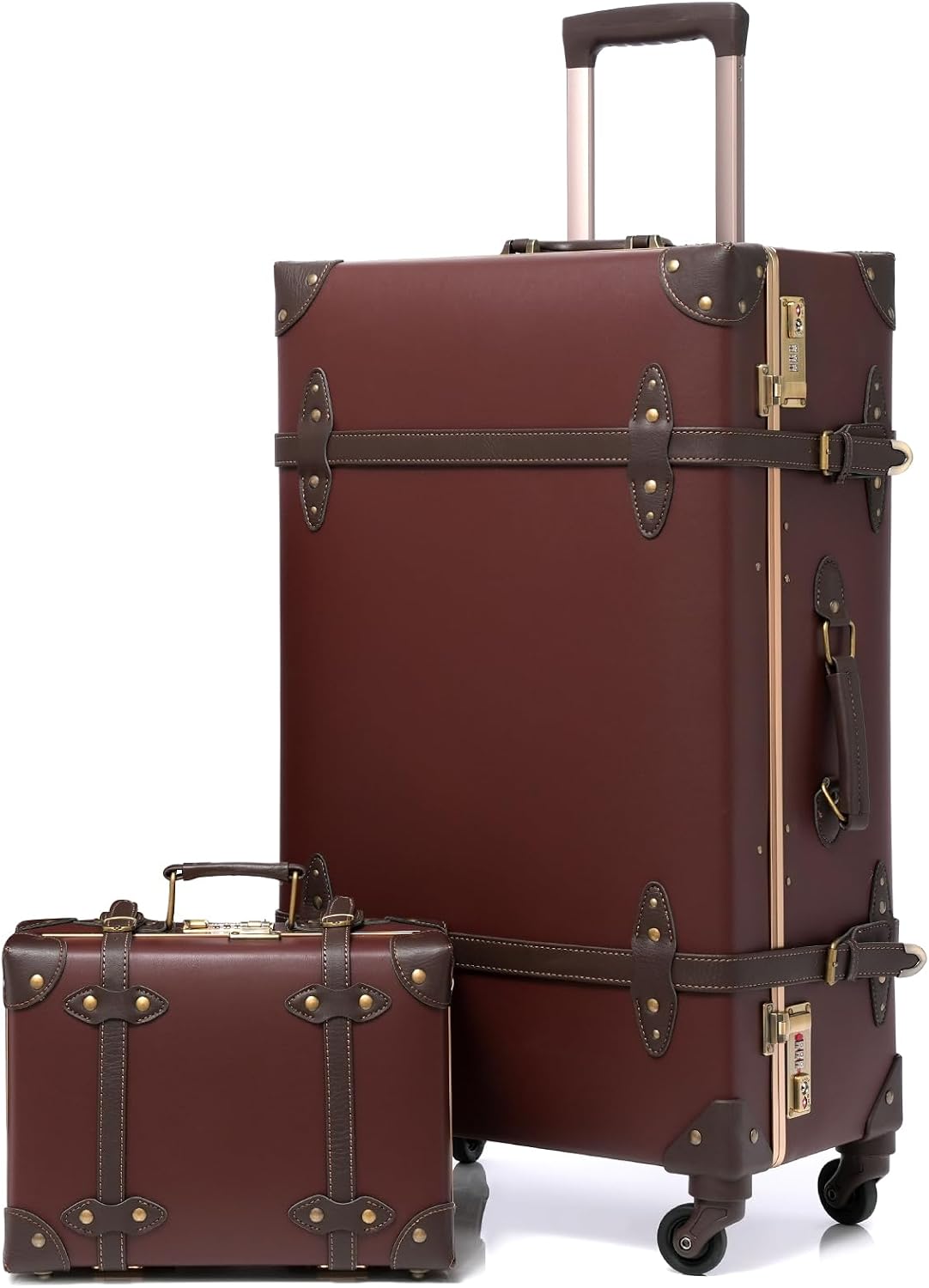 Urecity Vintage Suitcase with Wheels Trolley Suitcase Travel Suitcase Lightweight Retro Hard Shell Suitcase 2-Piece with 12 Inch Small Case (Caramel Brown, S (12 inches) + L (26 inches)