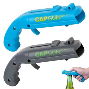 Bottle Opener Gun Set of 2 – Funny Beer Opener with Shot Function, Creative Men’s Gifts for Parties & Bar, Plastic Bottle Opener Gadget for Bottle Caps, Blue & Grey