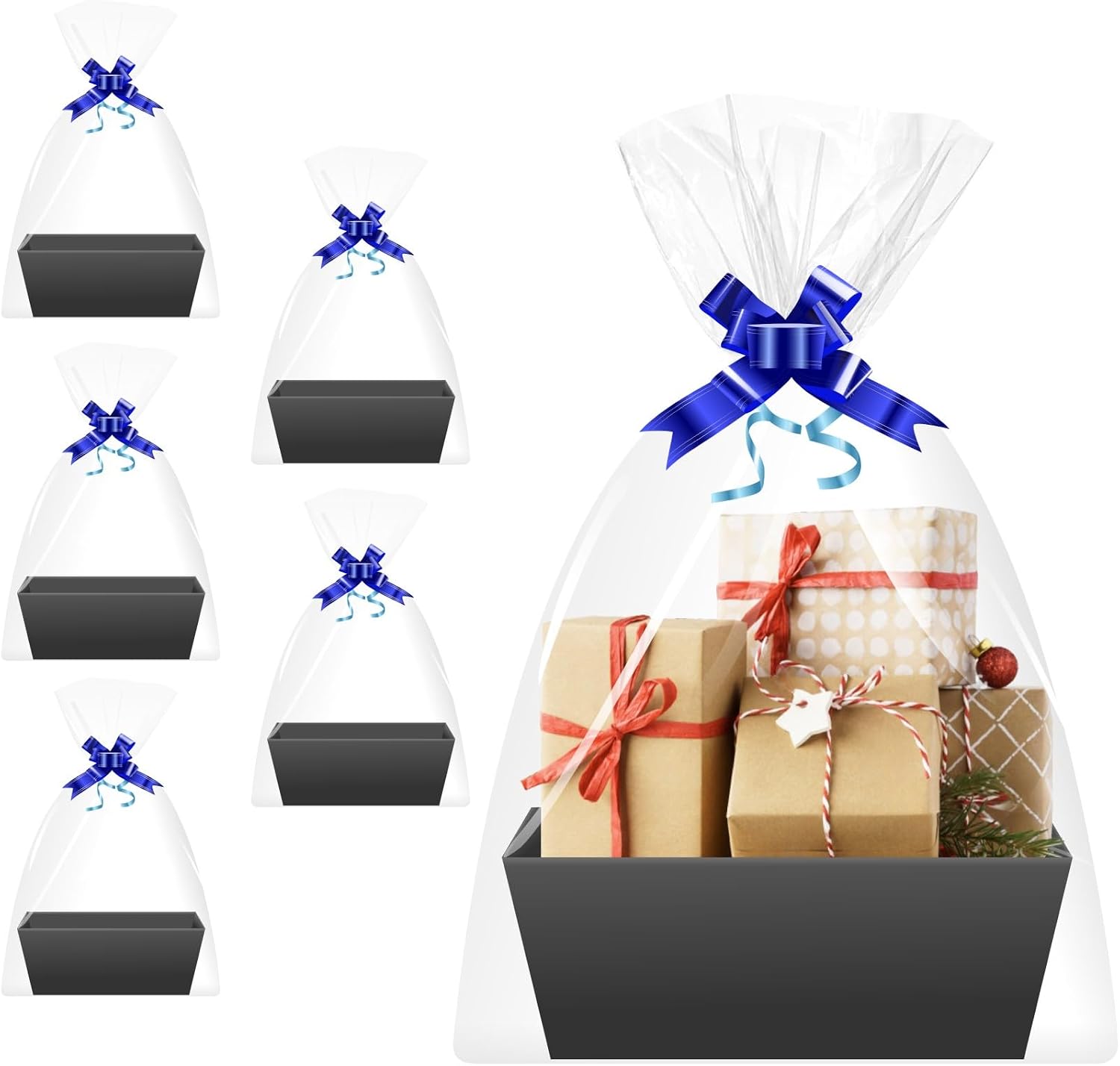 Gift Baskets Empty Set of 5 Black with Foil and Cardboard Bows