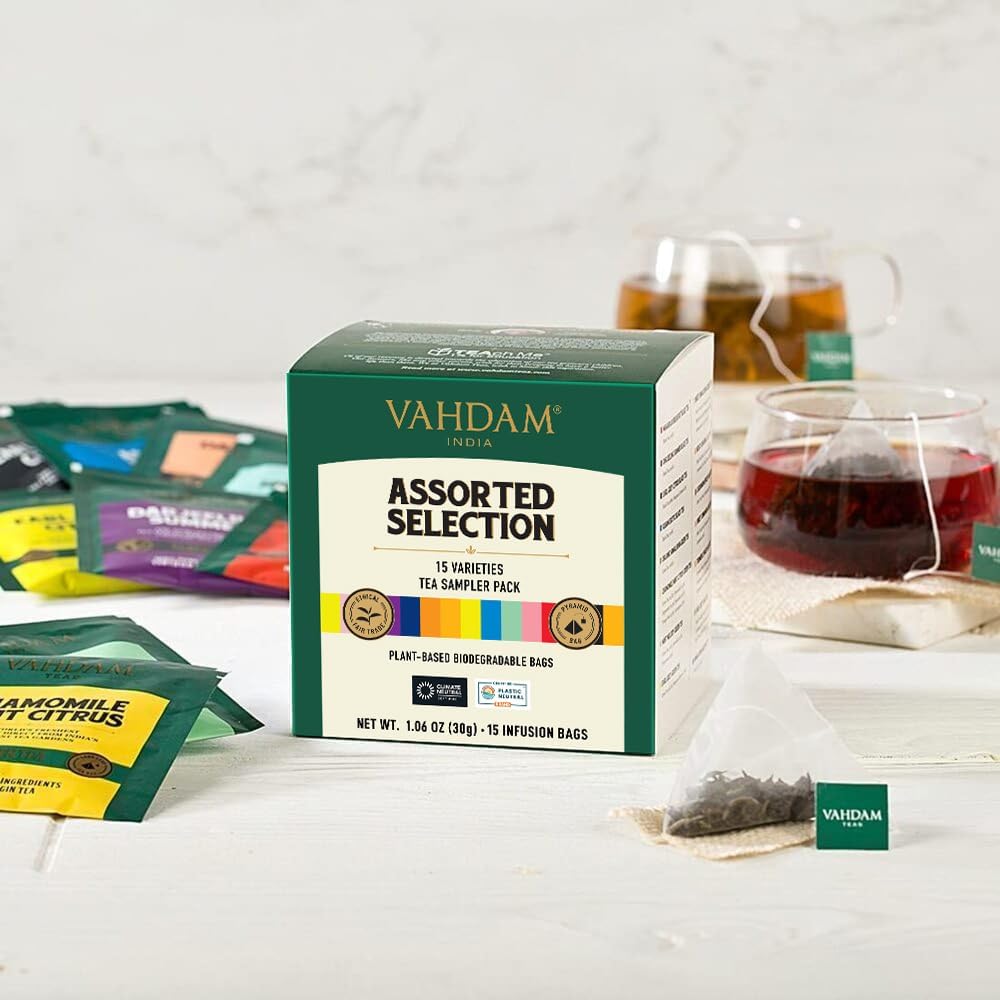 VAHDAM, Tea Variety Pack | 15 Flavours | Award Winning Tea Sampler | Black Tea, Green Tea, Oolong Tea, Chai Tea, Herbal Tea | Long Leaf Pyramid Tea Bags | Best Selling Tea Gift Set & Tea Gift Box – Bild 3