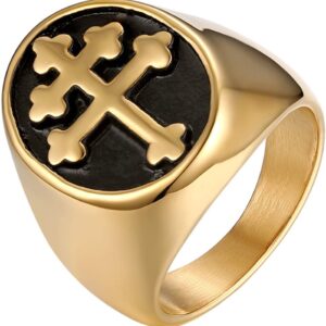JewelryWe Jewellery Retro Men's Ring Stainless Steel Cross of Lorraine Patriarchal Signet Ring Band with Engraving Gold Size 57 to 70