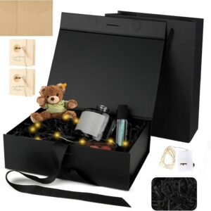 Gift Box with Magnetic Lid, 23 x 17 x 7 cm, Black, Birthday Gift Box with Carry Bag, Greeting Card, Fairy Lights, Raffia, Ribbon, Gift Box for Birthday, Valentine’s Day