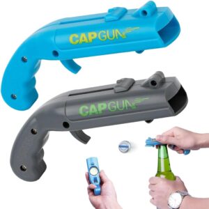 Bottle Opener Gun Pack of 2, Funny Shot Beer Opener with Cap Gun Function, Beer Gifts for Men - Ideal for Home, Bar, Party, Birthday & Christmas (Blue and Grey)