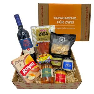 MAS PRODUCTOS Tapas Evening for Two Spanish Gift Basket Delicatessen Gift Basket with Red Wine Serrano Ham Bonito Tuna Alioli Salsa Brava & Crema Catalana Gift Box for Men and Women