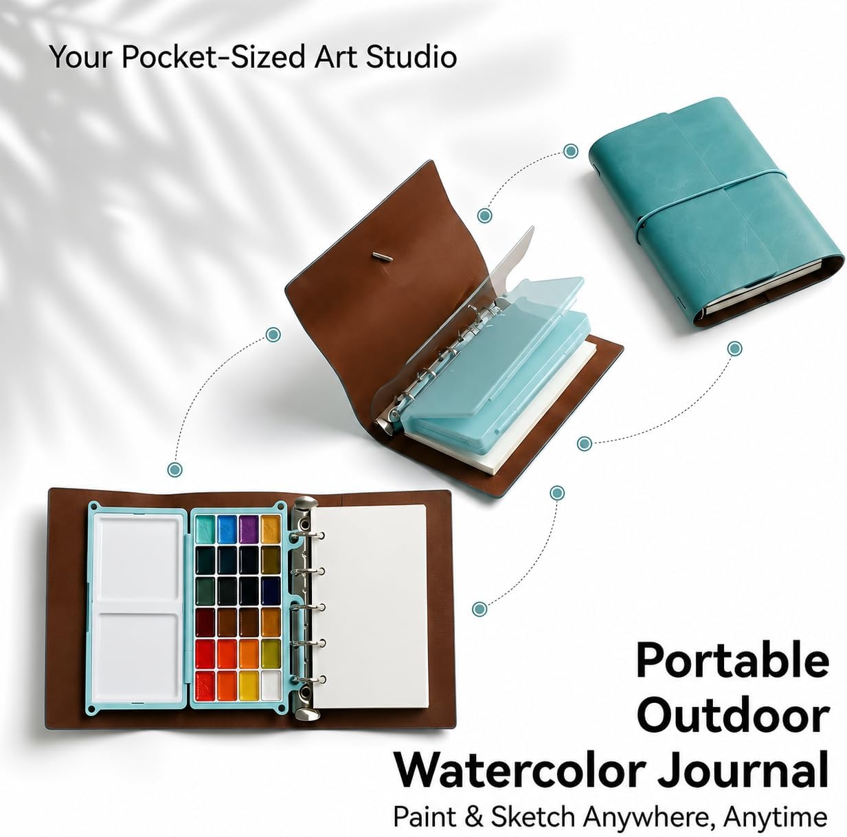 Tragbares Aquarellfarben-Set für Erwachsene, 24 Farben, Reise-Aquarell-Set mit Notizbuch (weiße und schwarze Seiten), nachfüllbarer Pinsel und Palette, All-in-One-Kunst-Set für Outdoor-Malerei – Bild 2