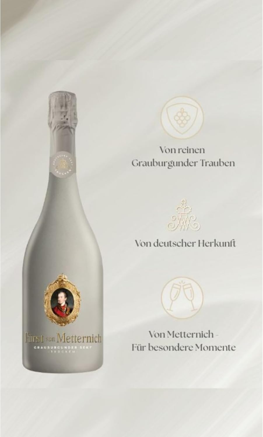 Fürst von Metternich Pinot Gris Champagne Dry (1 x 0.75 L) - German Premium Sparkling Wine with Fine Perlage & Yellow Fruit Flavours - Elegant Design in Matte Grey – Bild 2