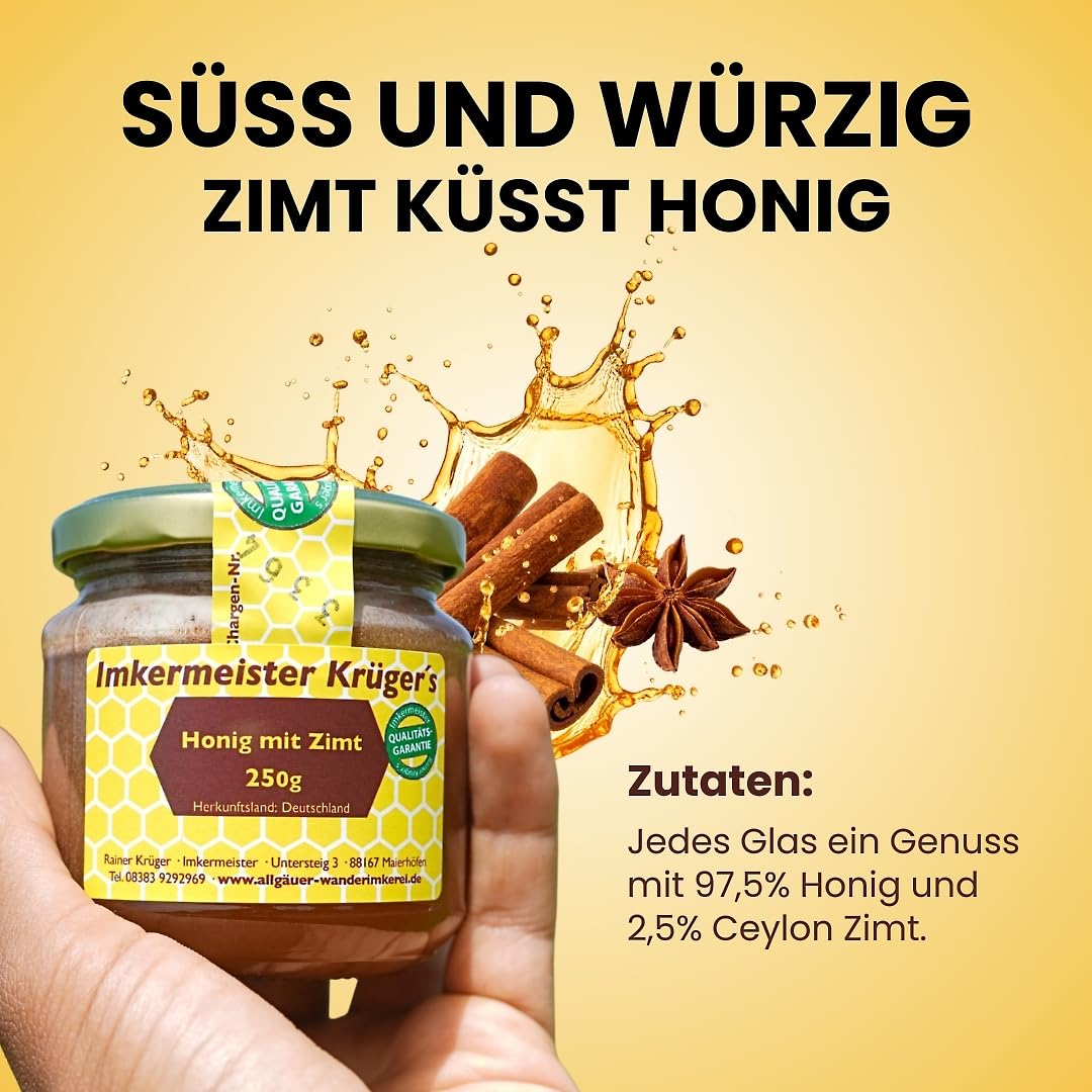 Allgäuer Wanderbeekeerei Krüger Honey with Cinnamon, 250 g, Real German Beekeeper Honey with Finest Ceylon Cinnamon, Regional Enjoyment, Finely Aromatic & Natural, Pesticide-free Production, Gift Idea – Bild 3