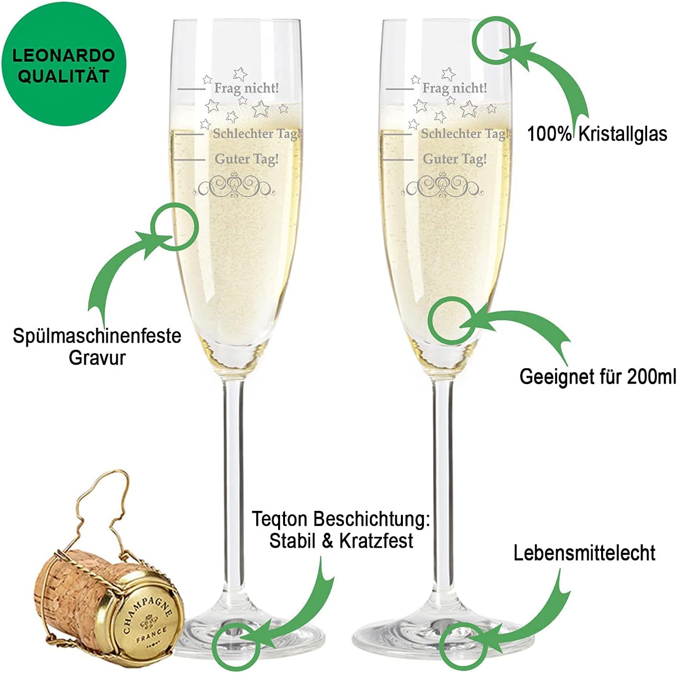GRAVURZEILE Leonardo Champagne Glasses Set with Engraving Schlechter Tag, Guter Tag - Frag nicht! - Includes Engraved Vintage Wooden Box - Funny & Original Gift - Suitable for Champagne and Sparkling – Bild 2