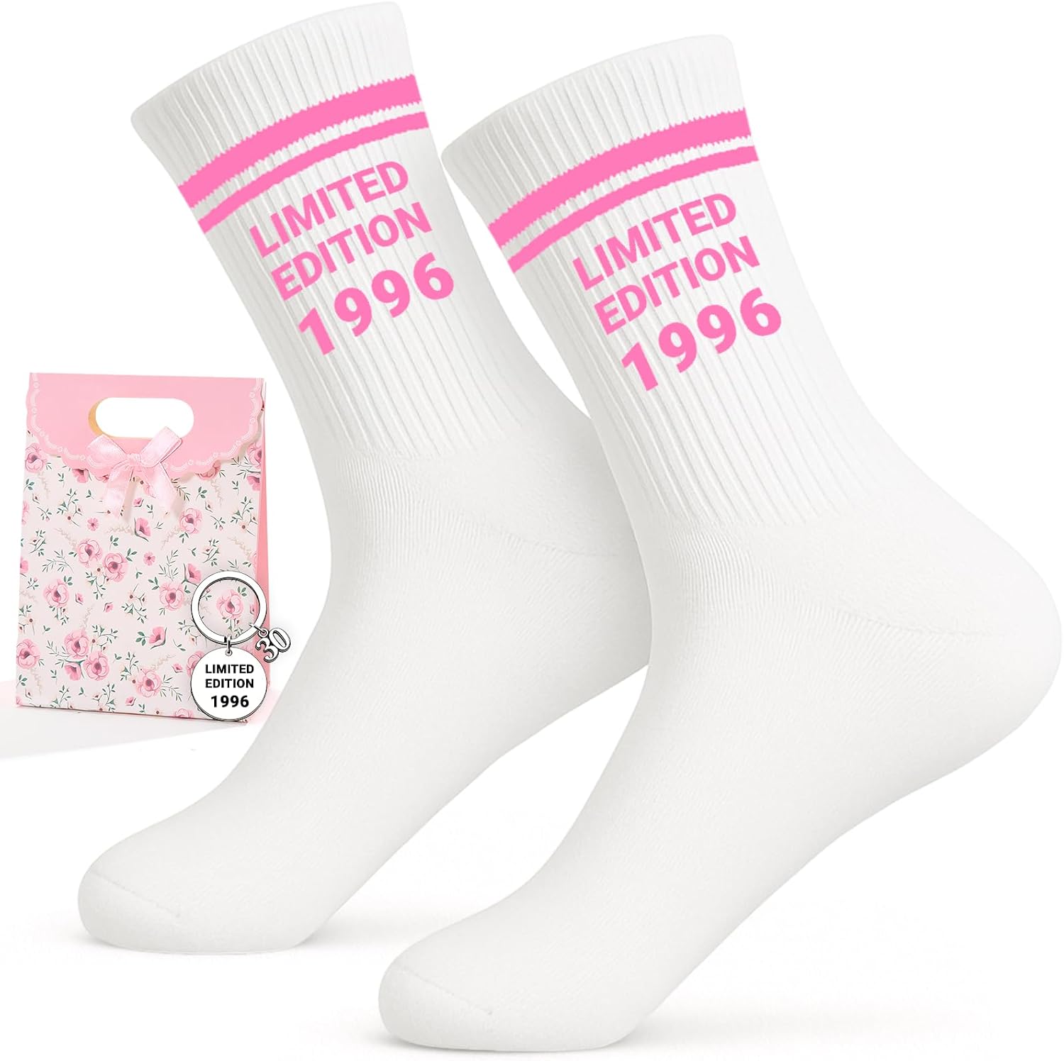 Scinzene Gift 30th Birthday Woman Set - Limited Edition 1996 100% Cotton Socks (36-44) with Keyring & Gift Bag For 30th Birthday Women, 30th Birthday Women Gift Idea