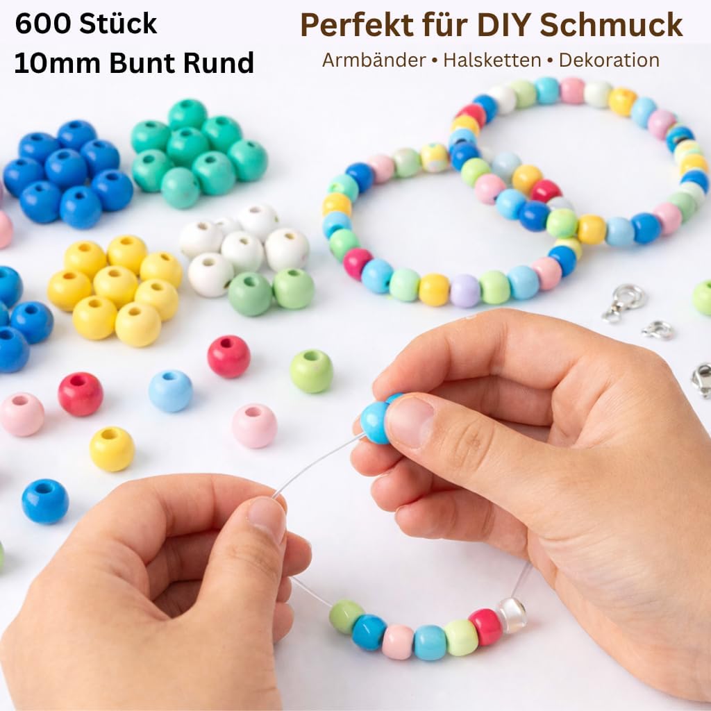 Pack of 600 Colourful Wooden Beads, 10 mm, Colourful Wooden Beads for Threading with Large Hole, Round Craft Beads Made of Wood in 12 Colours for Bracelet, Necklace, Jewellery Crafts and – Bild 5