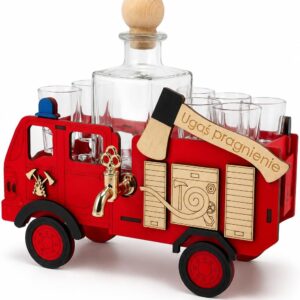 Fire Engine with Carafe & 6 Glasses - Gift for Men | Wooden Decoration for Alcohol | Fire Engine Style Shot Bar | Birthday, Father's Day, Dad