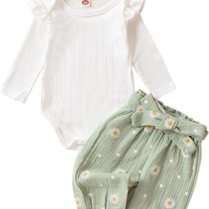 Geagodelia Baby Girl Clothing Outfit Set Long Sleeve Bodysuit Romper + Daisy Trousers + Headband Newborn Soft Baby Set