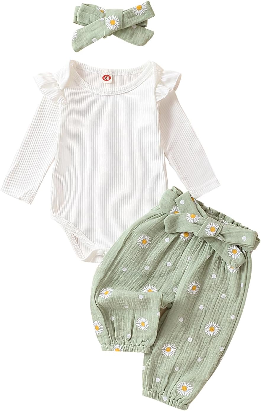 Geagodelia Baby Girl Clothing Outfit Set Long Sleeve Bodysuit Romper + Daisy Trousers + Headband Newborn Soft Baby Set