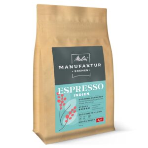 Melitta Manufaktur Espresso Specialty Coffee, 500 g, Whole Beans, Unground, Single Origin Farm from India, Roasted in Germany, Strength 5