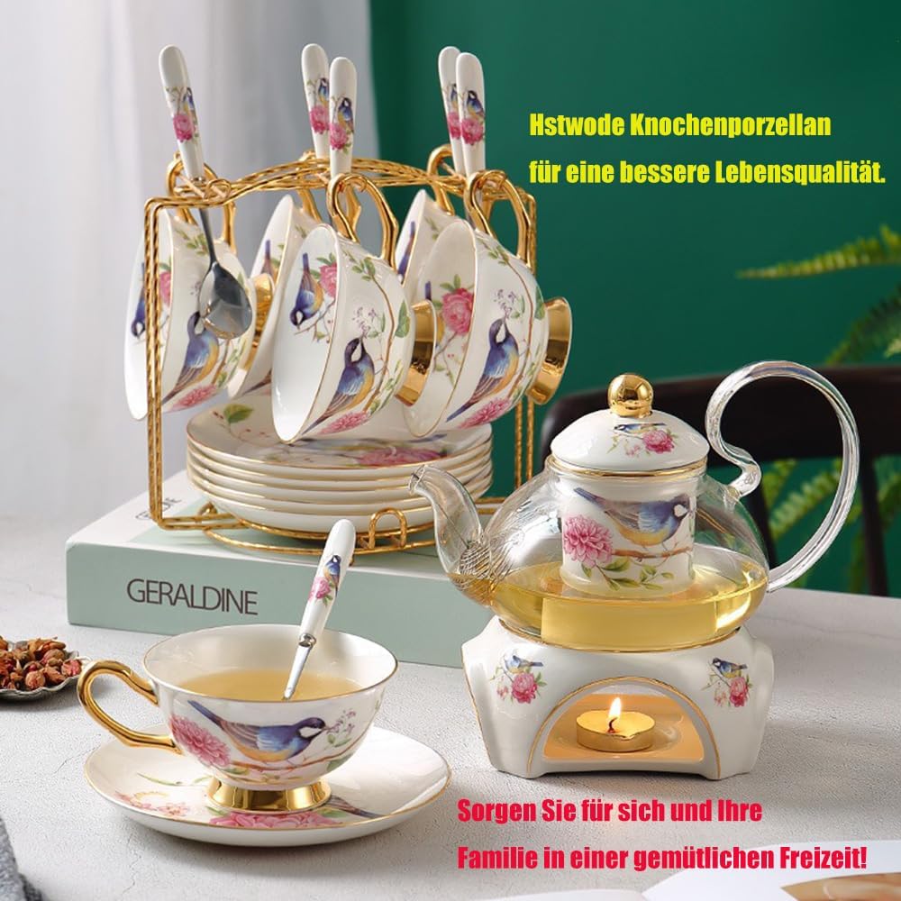 15 Piece European Flower Tea Set, Pattern Bone China Tea Set, Service Coffee Set, Heated Glass Teapot, for Gift and Household, Wedding (Camellia Blossom Pattern) – Bild 6