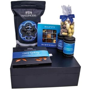 Hallingers Genuss Manufaktur Feinkost Birthday Gift Set – XXL Gift Basket "Happy Birthday..." Large Gift Coffee, Chocolate, 9 Chocolates, Almonds & Spice, Gifts for Men and Women