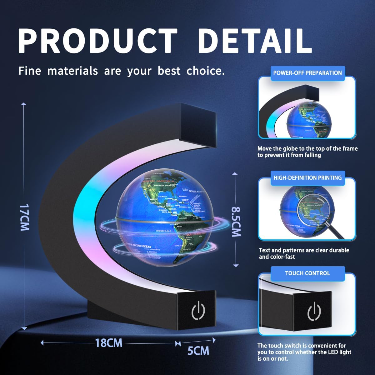 Magnetic Floating Globe Lamp with LED Lights, Cool Gadget C Frame Globe for Office, Home, Bookshelf, Desk Decor, Cool Gift for Men, Wife, Father, Husbands (Blue Globe 8.5 cm) – Bild 5