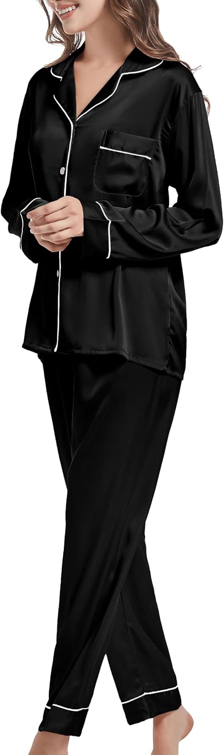Women's Long Sleeve Pyjamas Satin Pyjama Set Sleepwear with Button Placket Women's Winter Leisure Suit with Turn-Down Collar – Bild 4