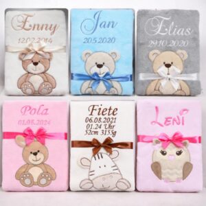 BotoBaby ★ Personalised Baby Blanket with Name & Date Embroidered Birth, Christening, Baby Shower & More ★ 75 x 100 cm ★ (75 x 100 cm + Personalisation)