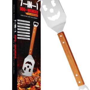 7-in-1 BBQ Spatula Stainless Steel with Wooden Handle - Multifunctional Grill Spatula with Bottle Opener, Scraper Edge & Design Cut-Out Men & Father's Day
