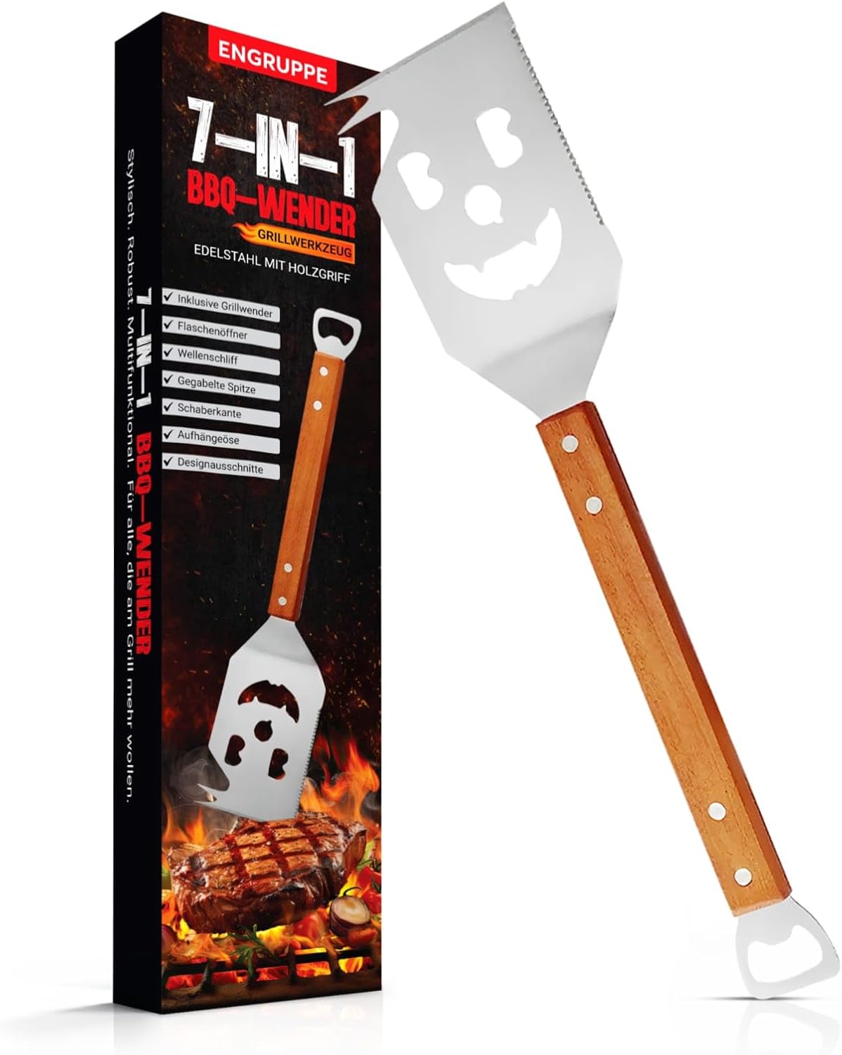 7-in-1 BBQ Spatula Stainless Steel with Wooden Handle - Multifunctional Grill Spatula with Bottle Opener, Scraper Edge & Design Cut-Out Men & Father's Day