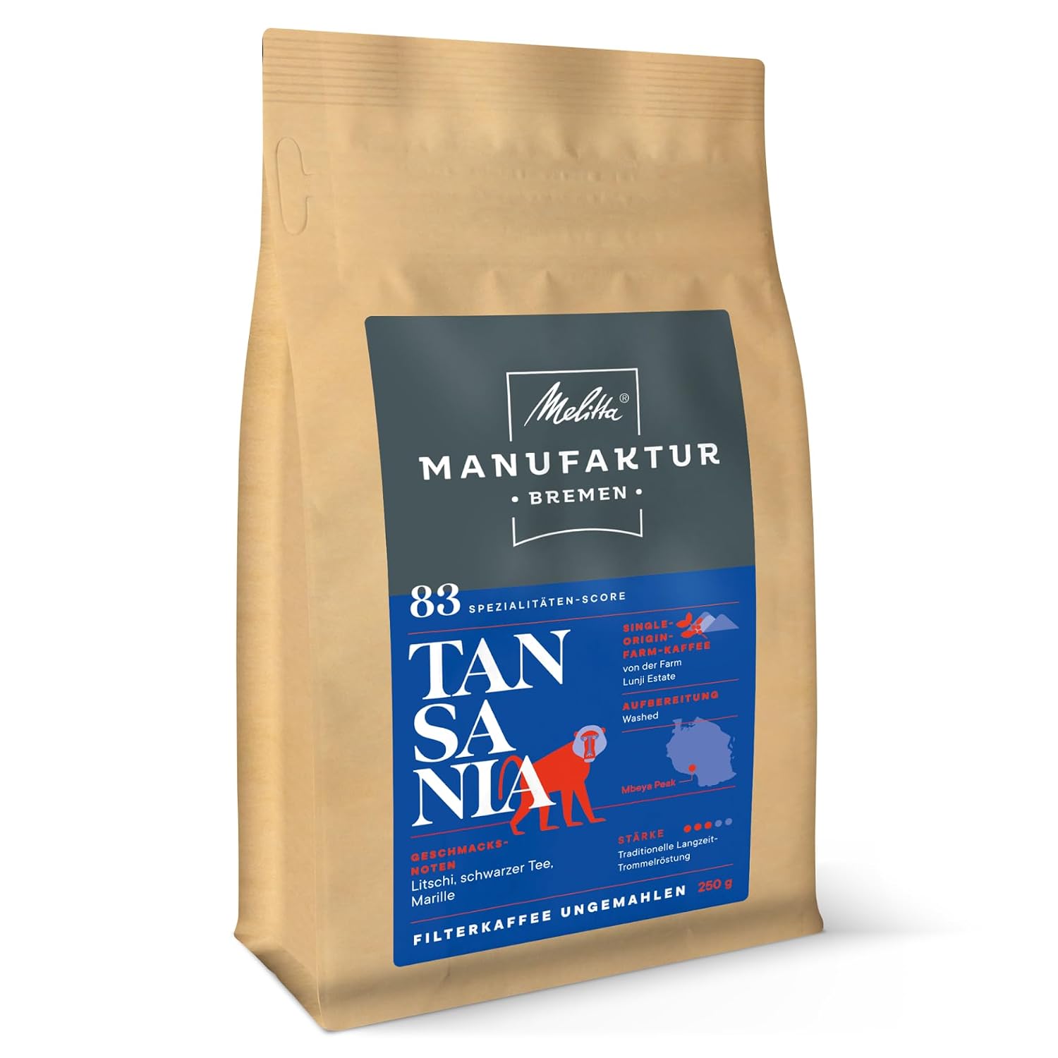 Melitta Manufactory Coffee Tanzania, Specialty Coffee, 250 g, Filter Coffee Unground, Single Origin Farm, Gentle Drum Roasting, Roasted in Germany, Strength 3