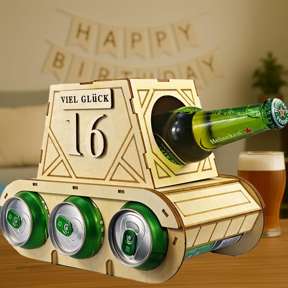 Funny Wooden Beer Carrier - Tank Design Bottle Carrier - Original Beer Gifts for Men - Perfect for Birthday Man - Creative Gift Idea for Beer Lovers (A) – Bild 6