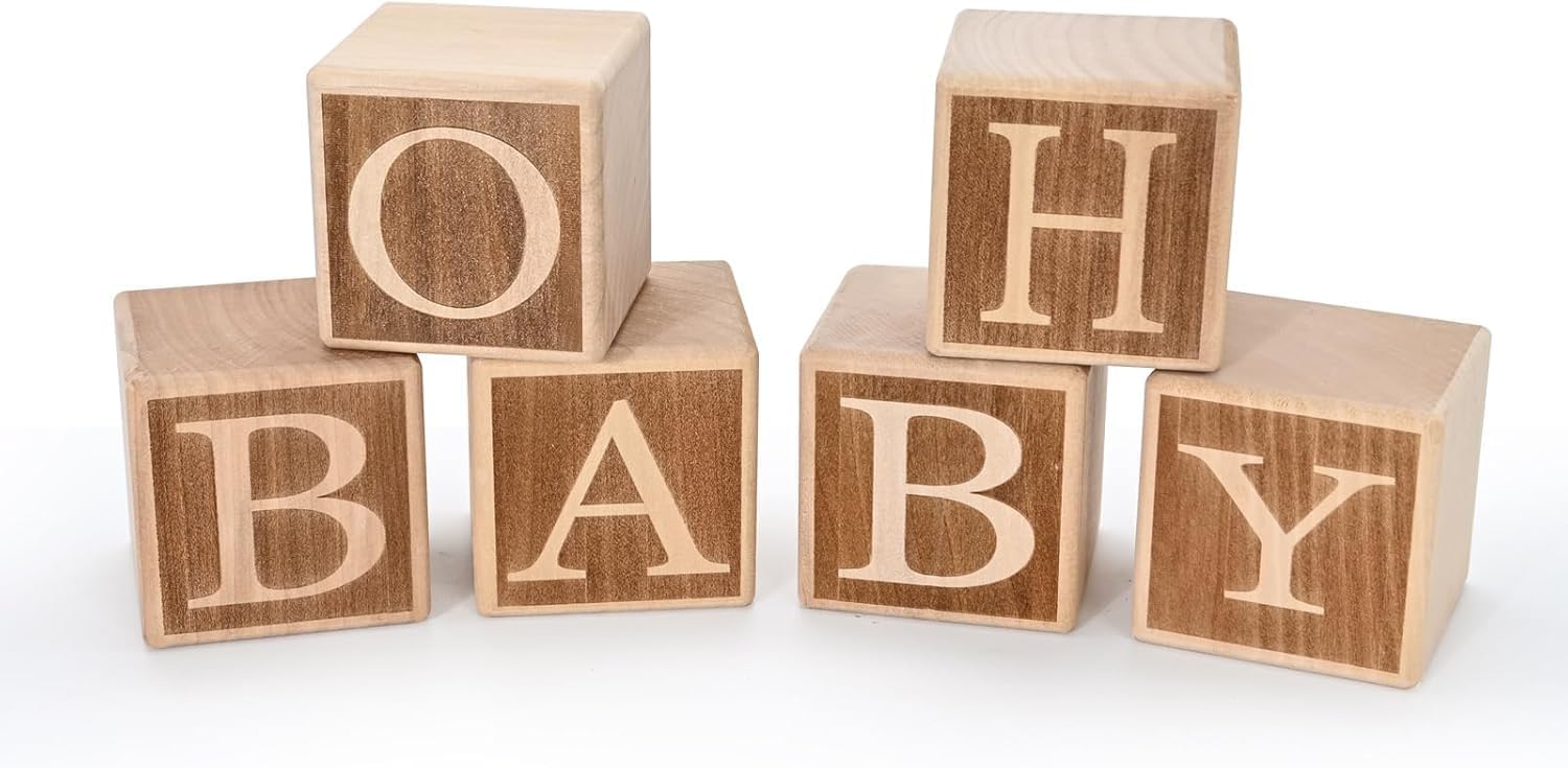 RunFar shop Wooden Letters Oh Baby Cube Gift for Birth Baby Engraved Letter Cube Gift Idea Christening Baby Shower Table Decoration Wooden Block Guest Book Oh Baby Wooden Building Block
