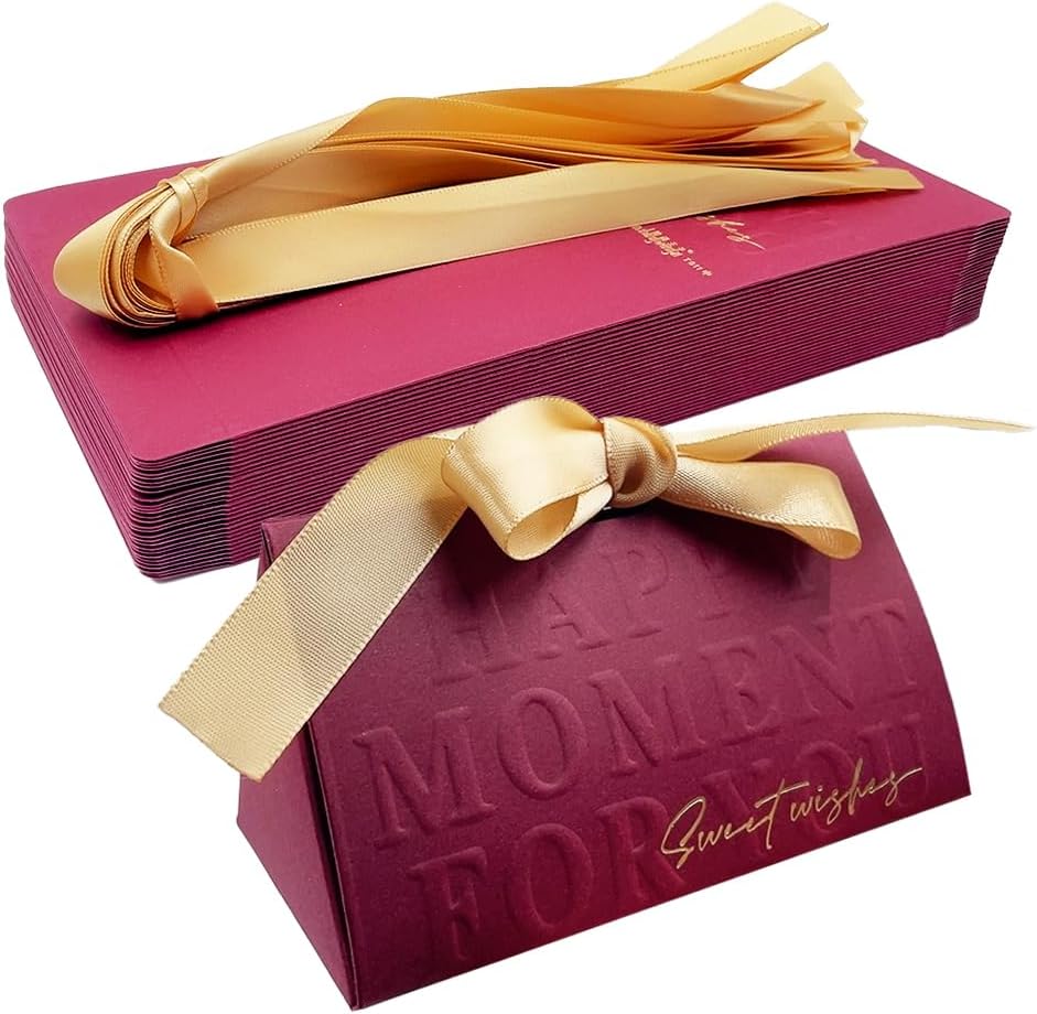 ONEBO Pack of 30 Candy Boxes Guest Gift Box, Wedding Candy Box, Paper Candy Boxes with Bow for Tying for Wedding Birthday Party (Burgundy)