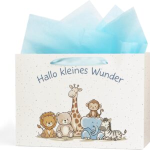 Gift Bag Baby Birth Gift Bag with Animal Motif, Includes 2 Tissue Paper for Baby Shower, Christening, Gifts for Birth Hello Little Miracle, Gift Wrapping Paper Bags with Handle