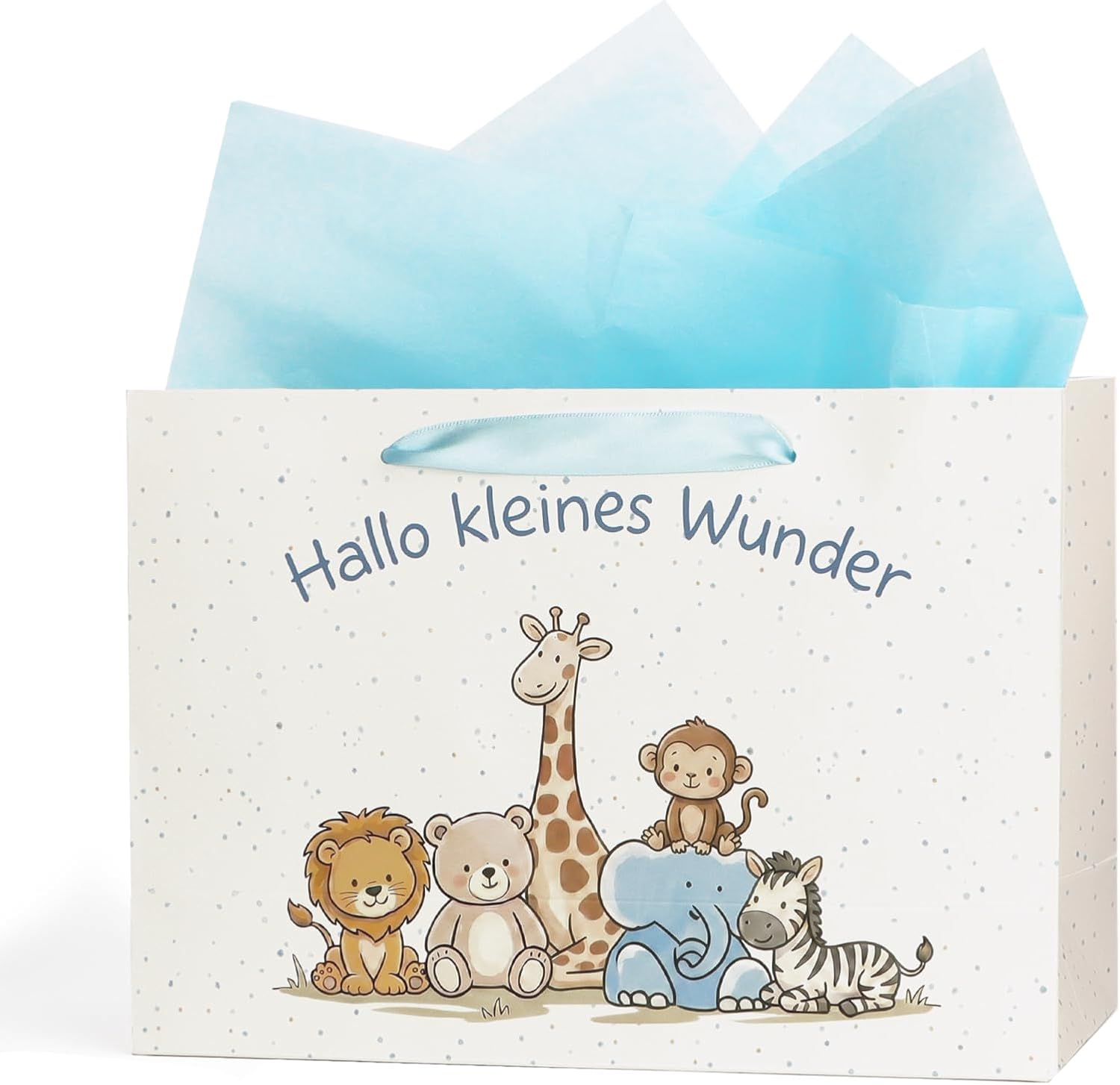 Gift Bag Baby Birth Gift Bag with Animal Motif, Includes 2 Tissue Paper for Baby Shower, Christening, Gifts for Birth Hello Little Miracle, Gift Wrapping Paper Bags with Handle
