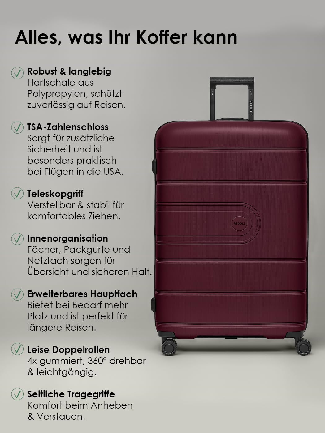 REDOLZ Hard Shell Check-in Suitcase Large XL Trolley 51 x 32 x 76 cm with Expansion Pleat Made of High-Quality Lightweight Polypropylene 4 Double Wheels & TSA (Essentials 11) – Bild 9