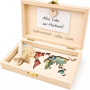 Wooden Money Gift Wedding World Map – Wedding Gift for Bride and Groom – Stylish Money Gift Packaging with Wedding Card & Memory Function – Wedding Gift