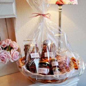 Gift basket filled with handmade roses delicacies