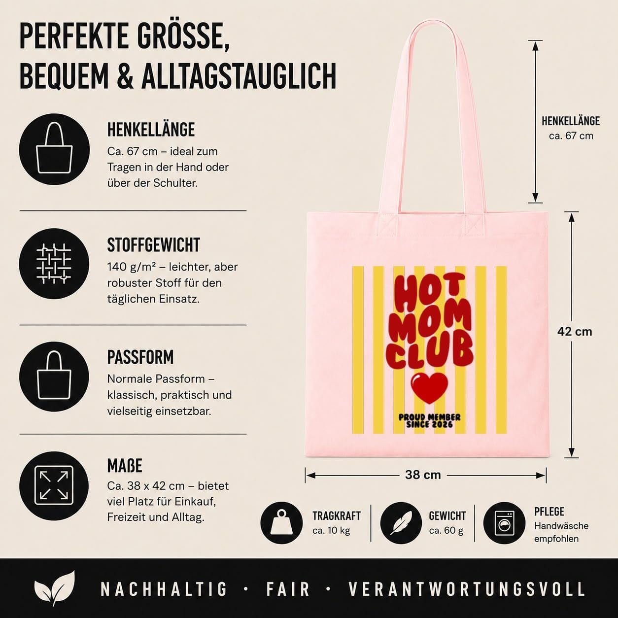 LIEBTASTISCH® Cotton Bag Hot Mom Club Proud Member Since 2026 - Fabric Bag for Mum - Gift Mother's Day Birthday Christmas Best Friend – Bild 5