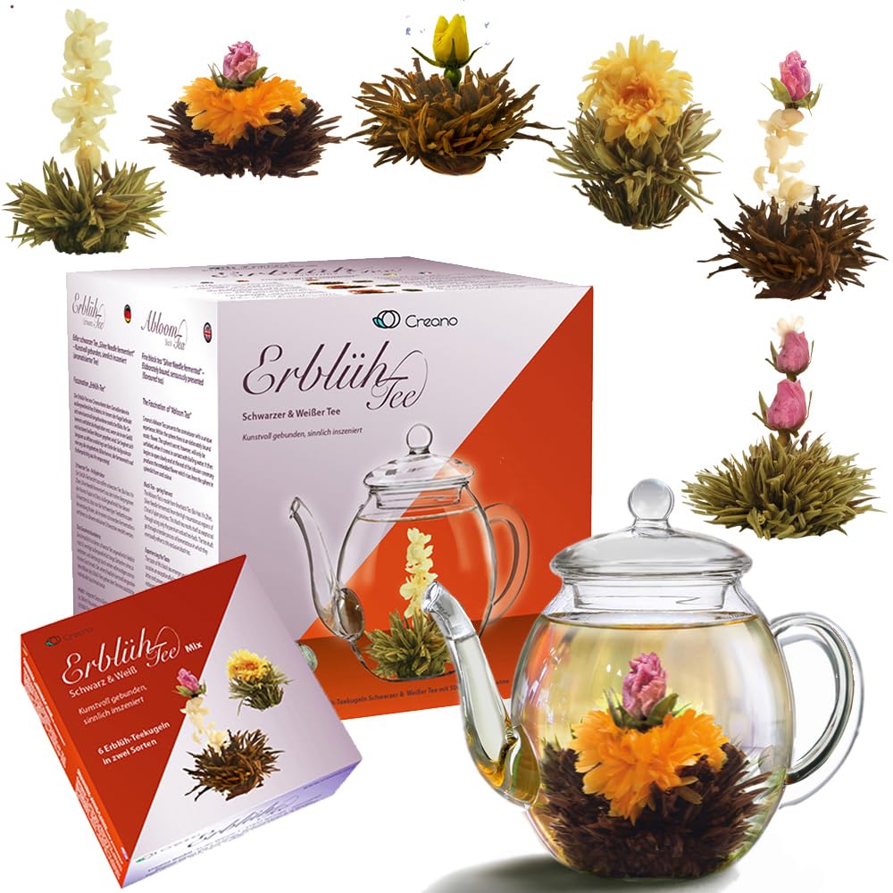 Creano Teeblumen Mix - Gift Set Blooming Tea with Glass Jug 500 ml White Tea & Black Tea with 6 Tea Balls Each 3 x White & Black Tea - 7 Pieces – Bild 8